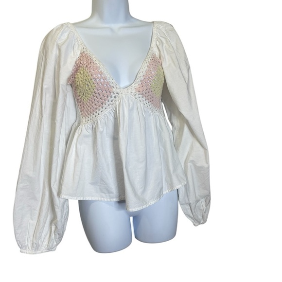 Asos White Crochet Inset Balloon Sleeve Cotton Milkmaid Blouse sz 4 New - Picture 6 of 9